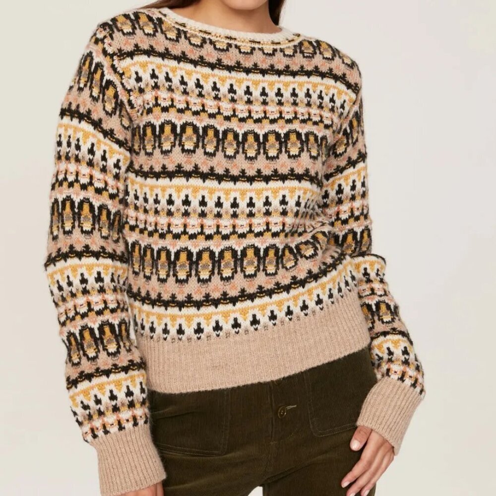 Vanessa Bruno Sweater - Women's Large Cream Black Yellow Tan - Knit Long Sleeved